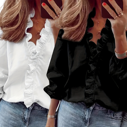 Two ruffle V-neck blouses, one white and one black; long sleeves with gathered cuffs