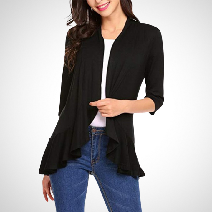 Black open-front cover-up cardigan with draped hem and 3/4 sleeves