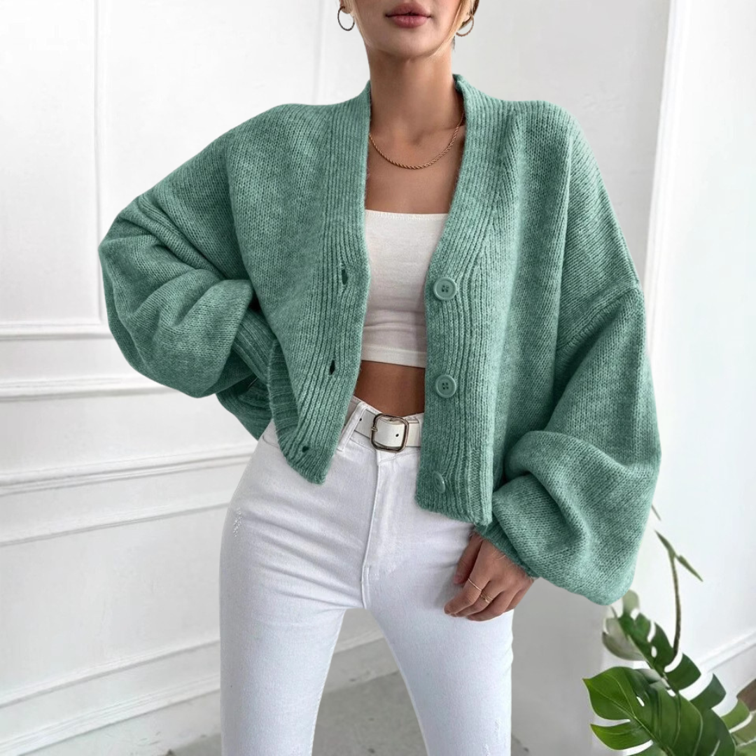 Green casual crop cardigan with button front and lantern sleeves, ribbed knit