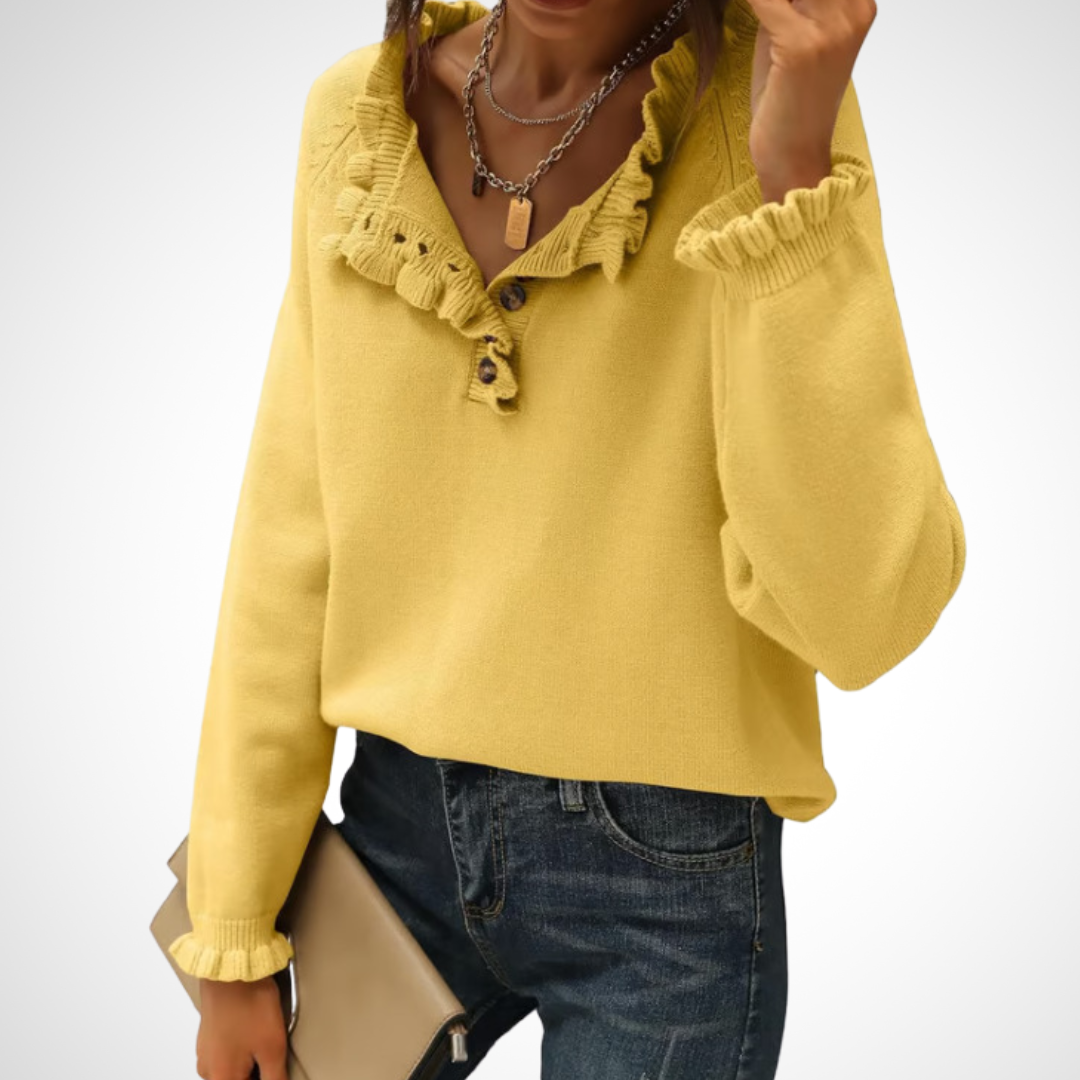 Yellow long-sleeve pullover sweater with half-button placket and ruffled collar