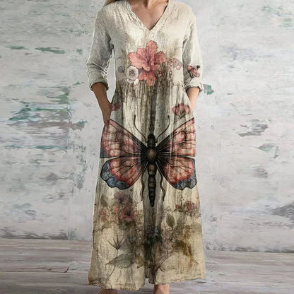 Floral butterfly print maxi dress with V-neck and three-quarter sleeves, light beige