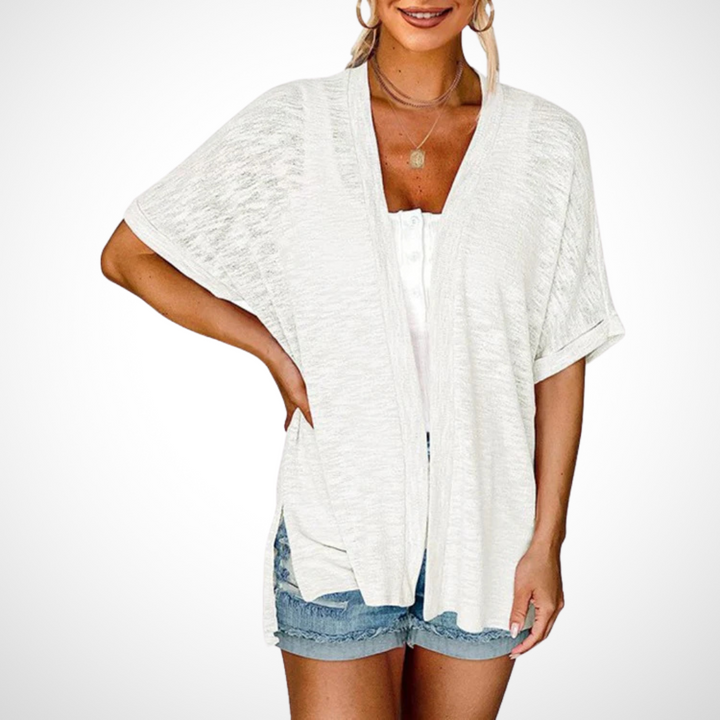 Flowy short-sleeve cardigan in white with open front and relaxed drape