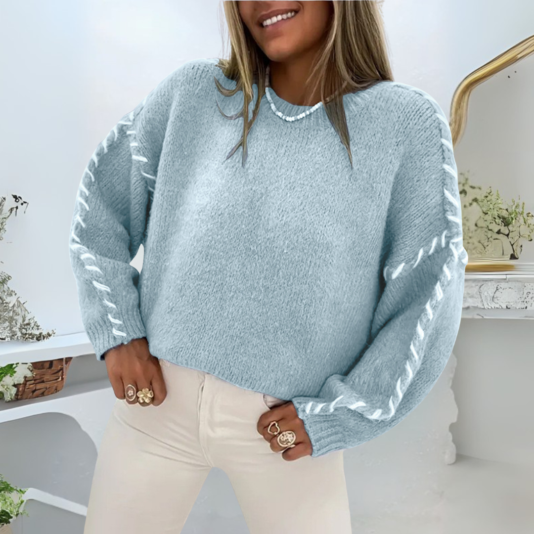 XANADU™ long sleeve round neck sweater, light blue with contrast braided sleeve trim