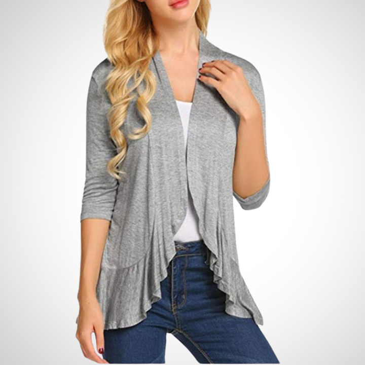 Light gray open-front cover-up cardigan with draped hem and 3/4 sleeves