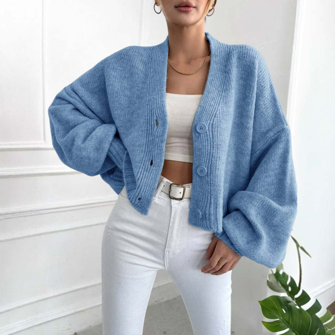 Blue casual crop cardigan with button front and lantern sleeves, ribbed knit
