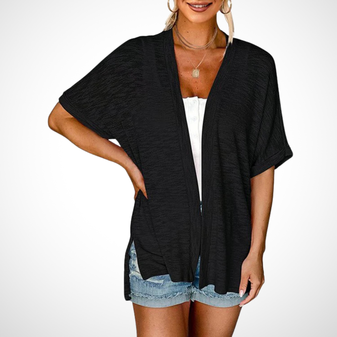 Flowy short-sleeve cardigan in black with open front and soft draped fit