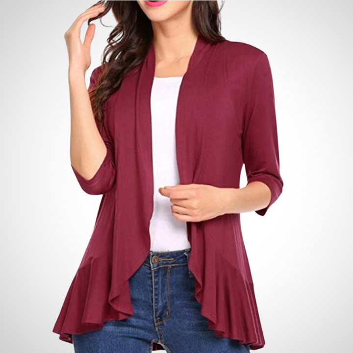 Claret open-front cover-up cardigan with draped hem and 3/4 sleeves