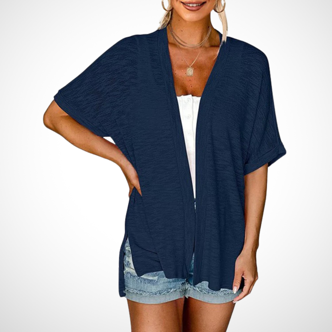 Flowy short-sleeve cardigan in navy blue with open front and airy drape