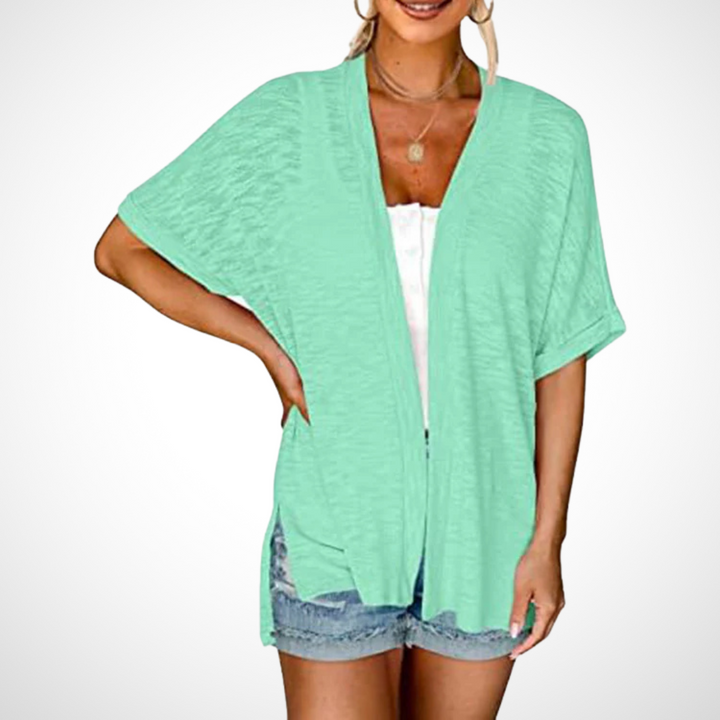 Flowy short-sleeve cardigan in jade green with open front and relaxed silhouette