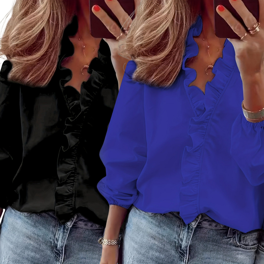 Two ruffle V-neck blouses, black and bright blue; long sleeves with gathered cuffs