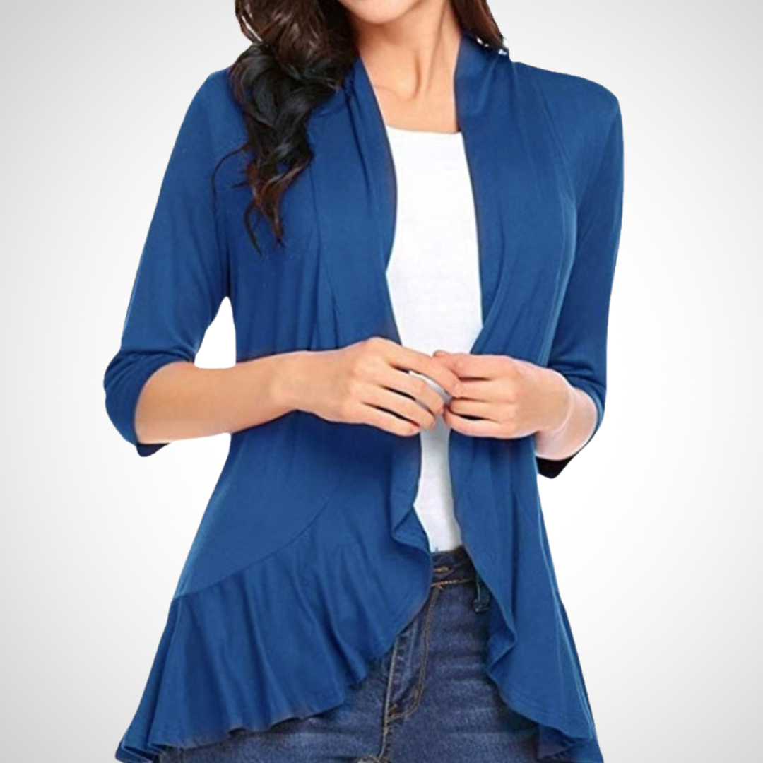Blue open-front cover-up cardigan with draped hem and 3/4 sleeves