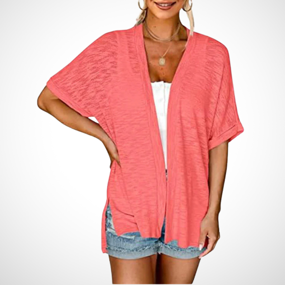 Flowy short-sleeve cardigan in watermelon red with open front and draped hem