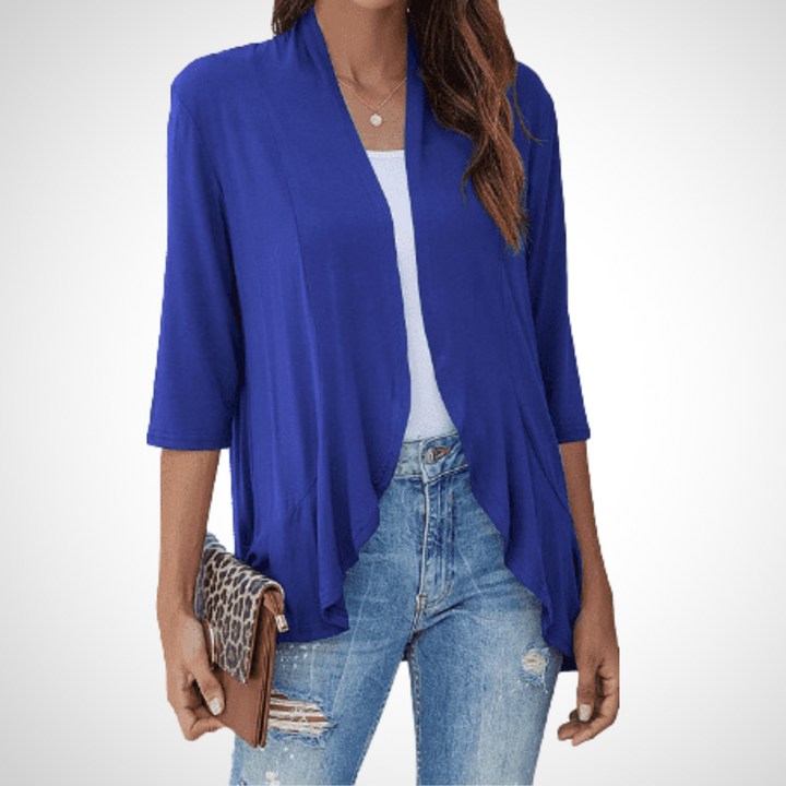 Navy blue open-front cover-up cardigan with draped hem and 3/4 sleeves