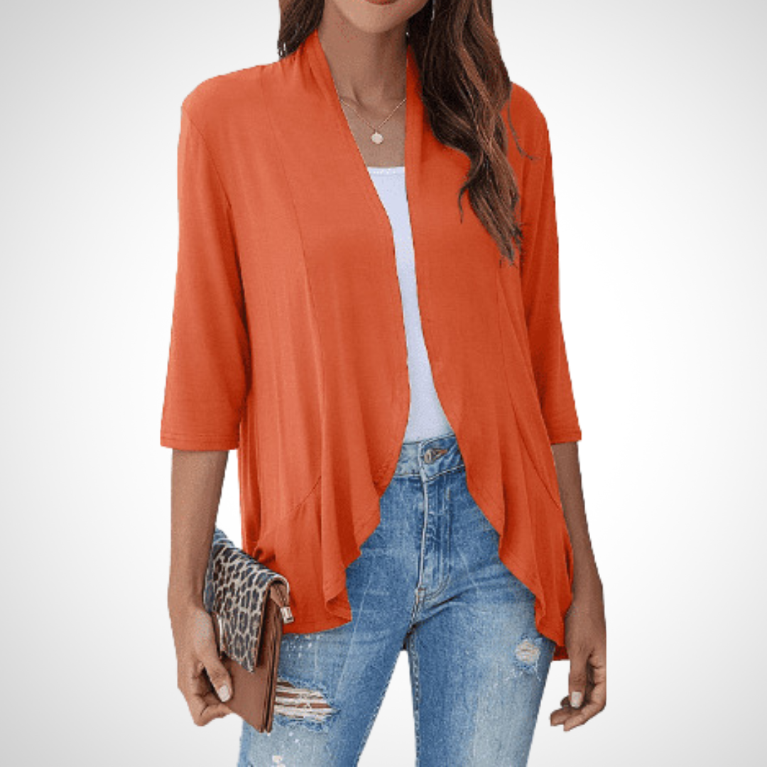 Orange open-front cover-up cardigan with draped hem and 3/4 sleeves