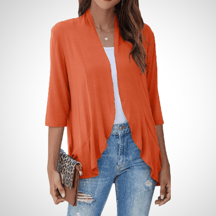 Orange open-front cover-up cardigan with draped hem and 3/4 sleeves