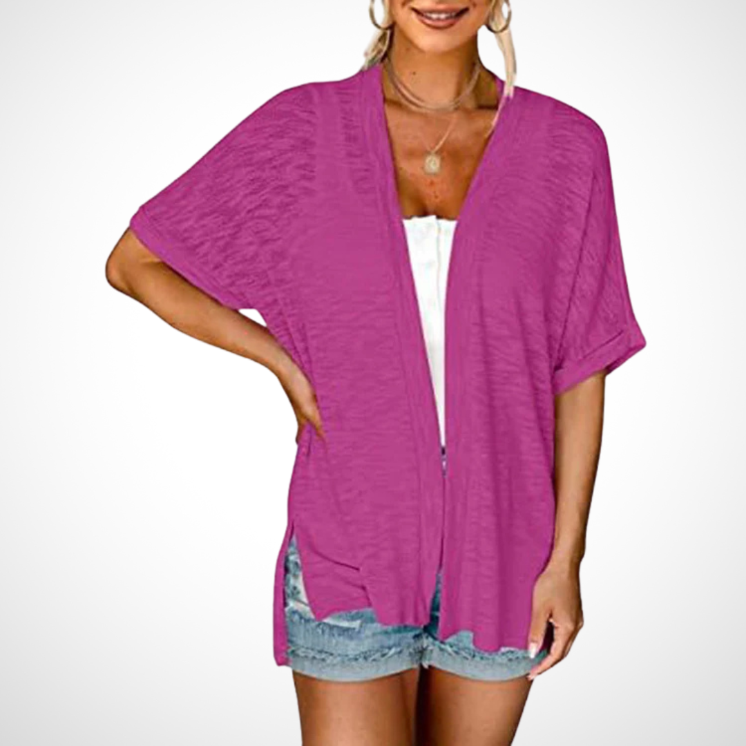 Flowy short-sleeve cardigan in rose red with open front and loose drape