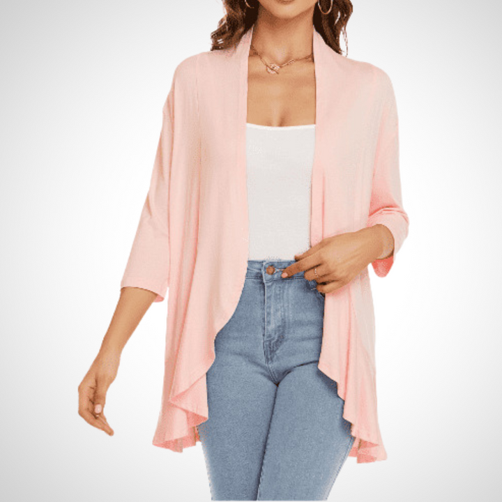 Apricot open-front cover-up cardigan with draped hem and 3/4 sleeves