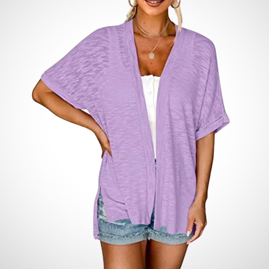 Flowy short-sleeve cardigan in lavender purple with open front and soft drape