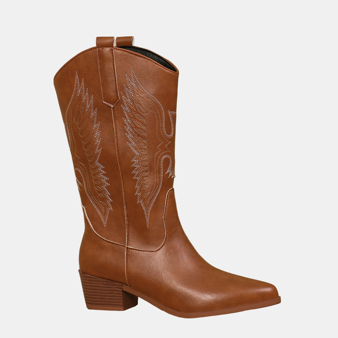 Brown cowboy boots with western embroidery, ankle height, block heel