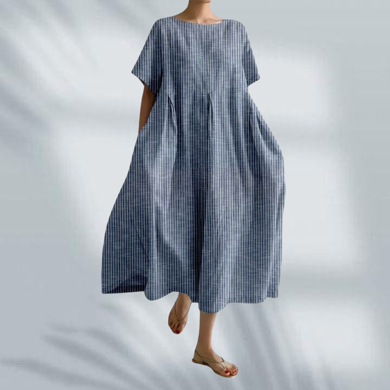 Light summer dress in blue with small vertical check, round neck, loose midi fit