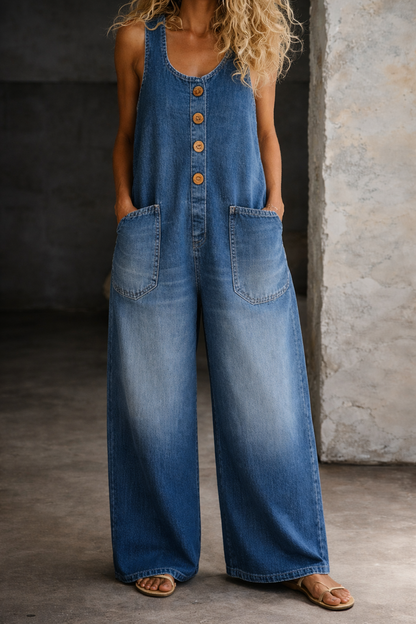 Blue washed denim overalls with wide legs, front button placket, and side pockets