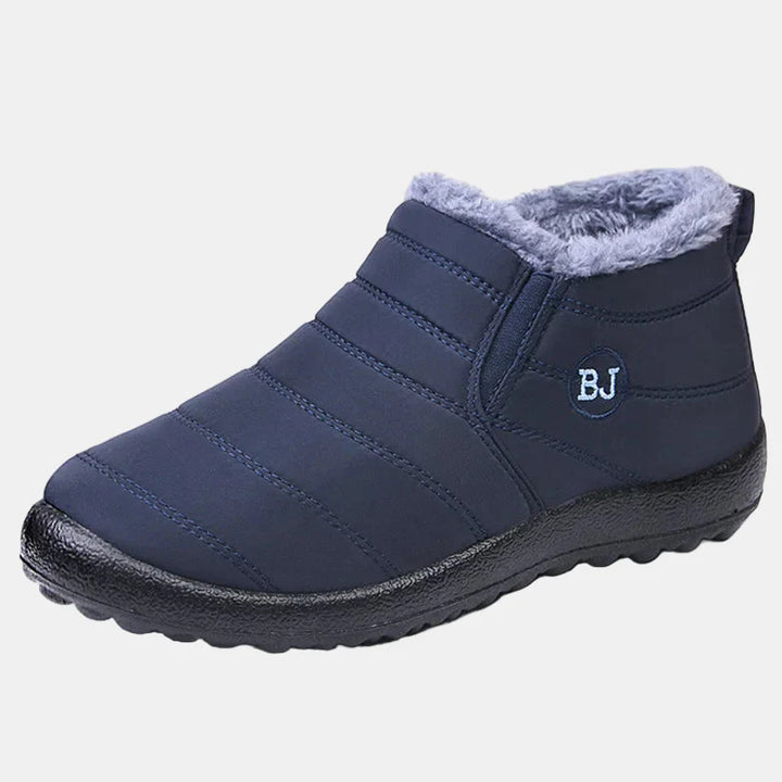 Navy blue waterproof winter ankle boots with gray faux-fur lining and BJ badge