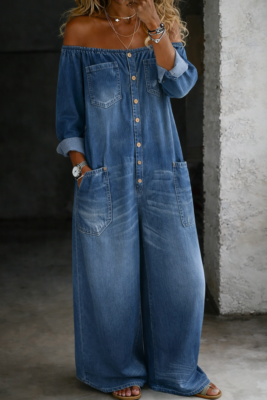 Blue off-shoulder denim jumpsuit with long sleeves, button front, and cargo pockets