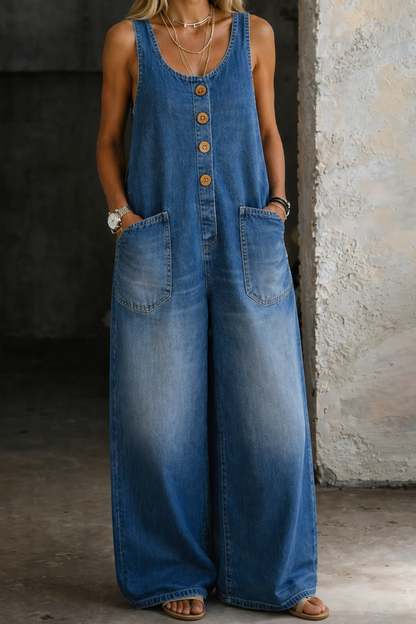 Blue denim overalls with front buttons, bib straps, and large front pockets