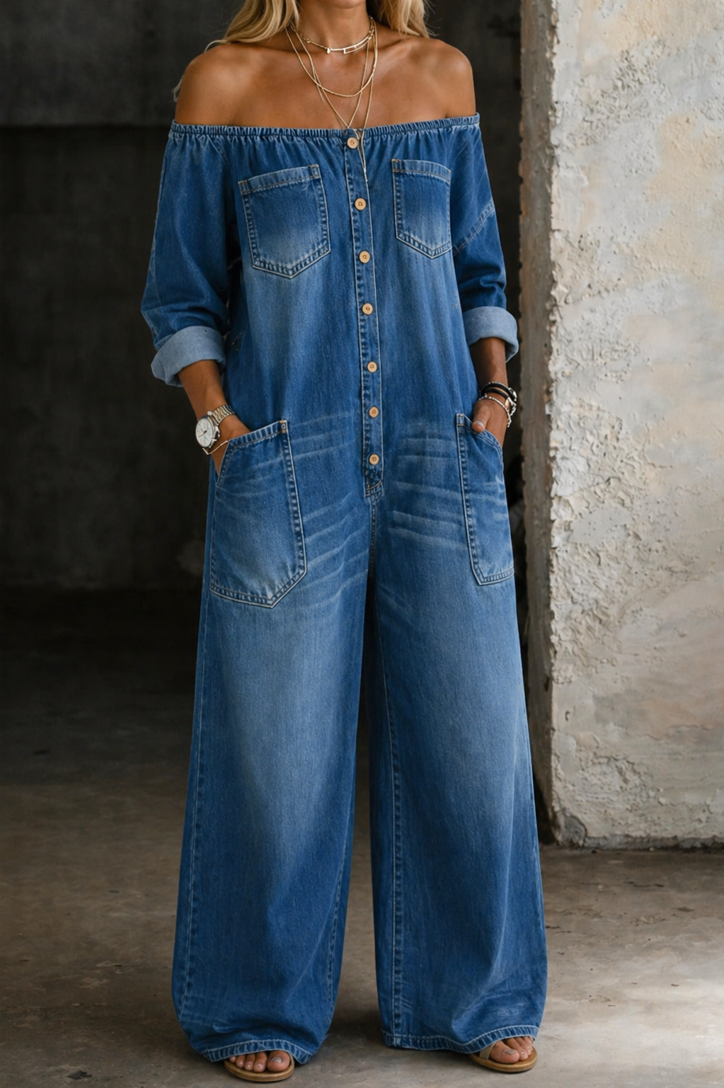 Blue off-shoulder denim jumpsuit with button front and two front patch pockets