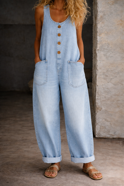 Light blue washed denim overalls with wide straight legs and front button closure