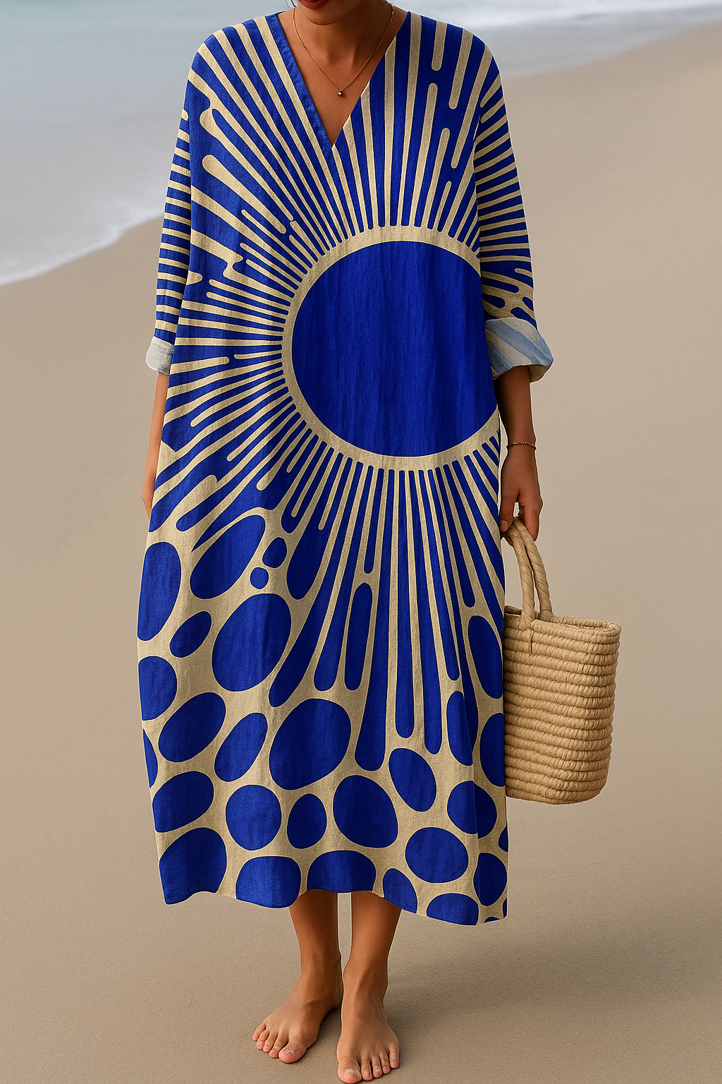 Blue and cream V-neck midi dress with abstract circle pattern, three-quarter sleeves