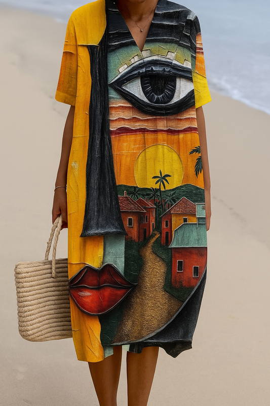 Mustard yellow V-neck short-sleeve dress with colorful village and eye print