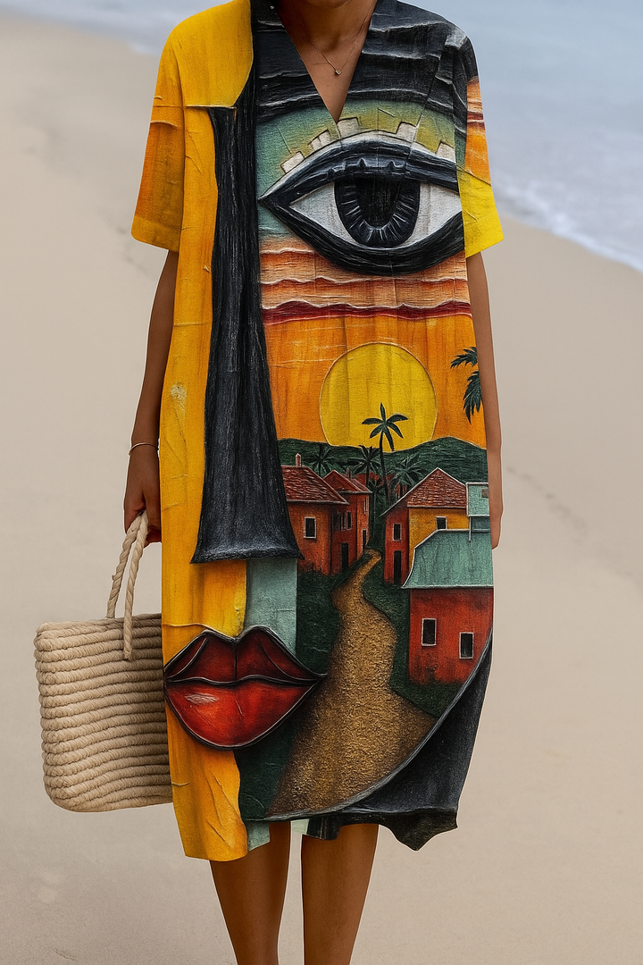 Mustard yellow V-neck short-sleeve dress with colorful village and eye print
