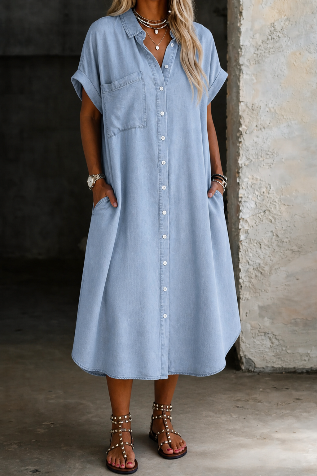 Light blue denim shirt dress with collar, button-front, chest patch pocket