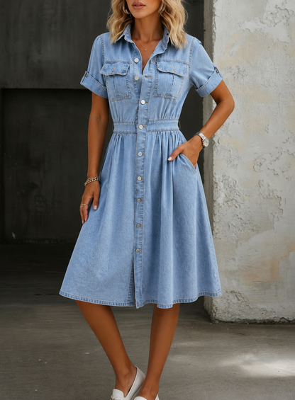 Light blue short sleeve denim dress, collared button-front and gathered waist