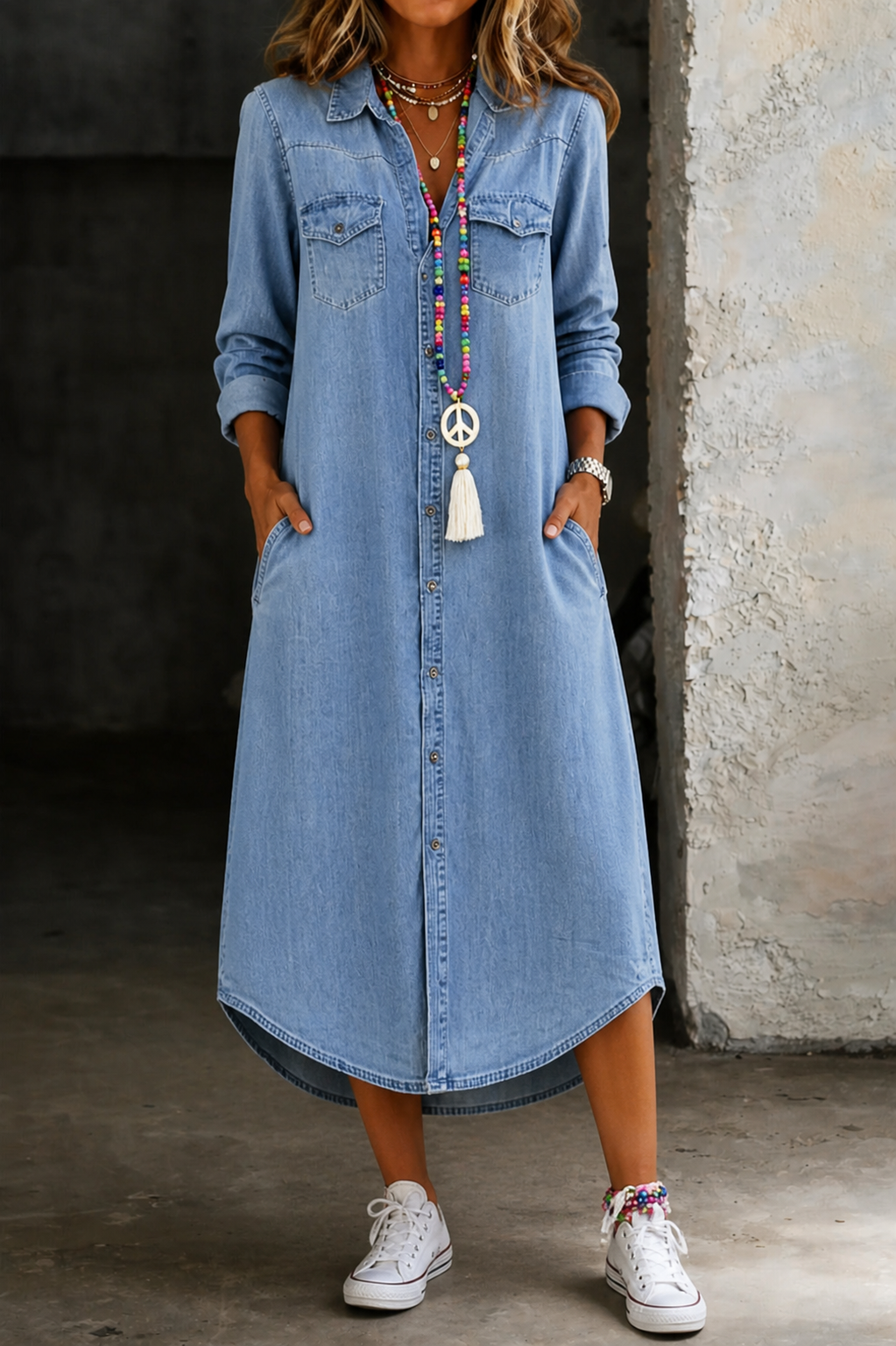 Light blue denim shirt dress with curved high-low hem, button-front and chest pockets.