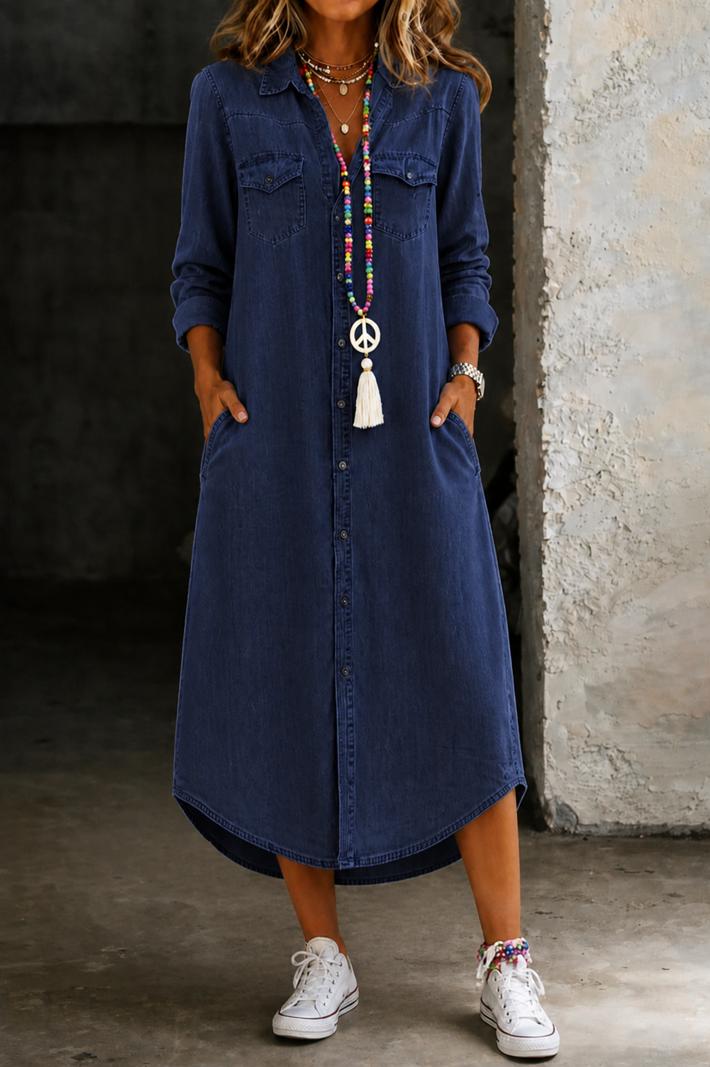Navy blue denim shirt dress, long button-front with collar and chest pockets.