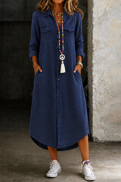 Navy blue denim shirt dress, long button-front with collar and chest pockets.