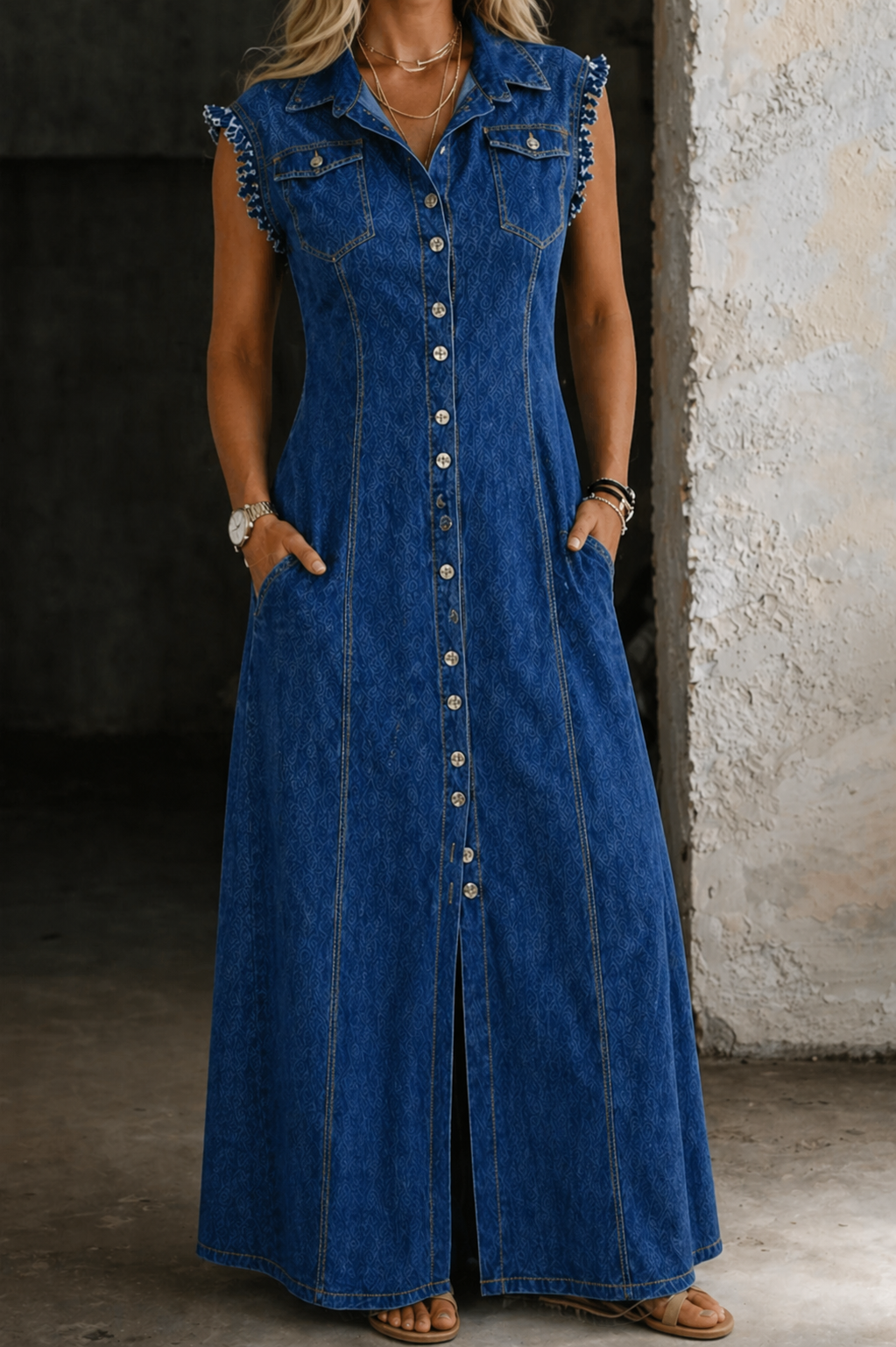 Medium-wash denim maxi dress with sleeveless button front, pointed collar, ruffled shoulders