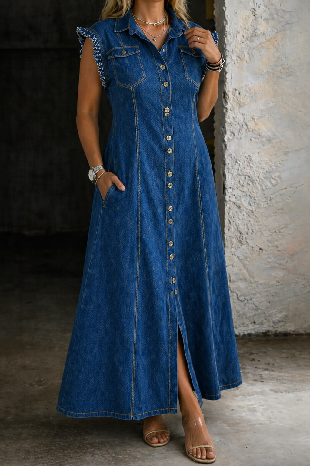Medium-wash sleeveless denim dress with button front, chest pockets, side slit