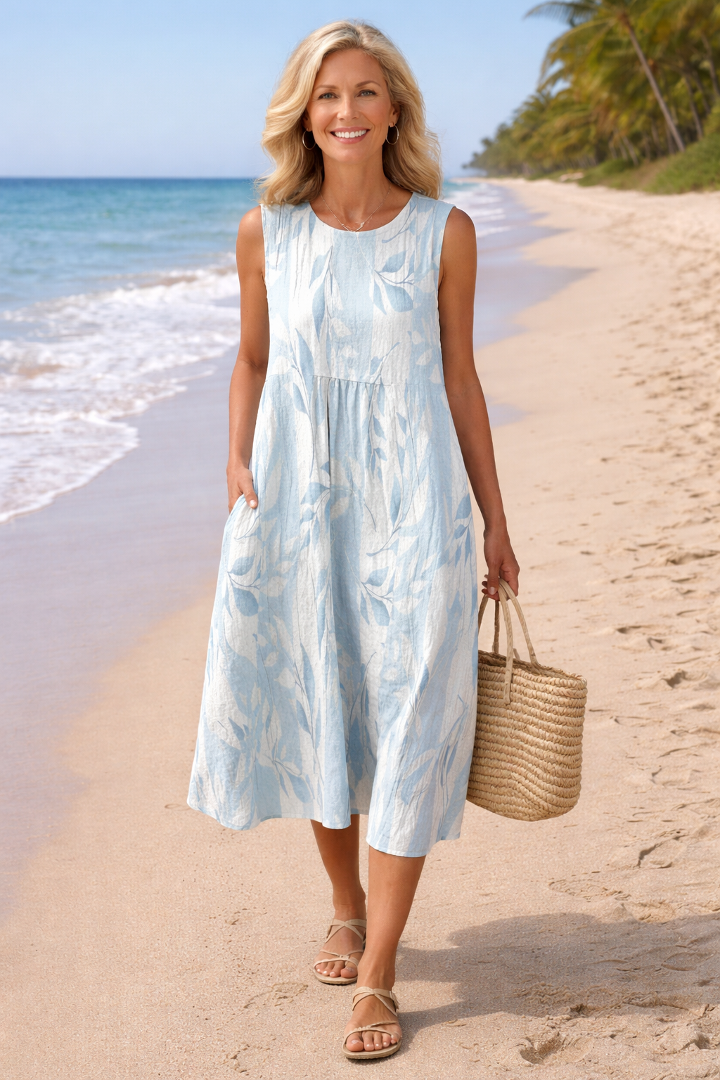 Sleeveless midi dress in light blue with leafy print, gathered waist and round neckline