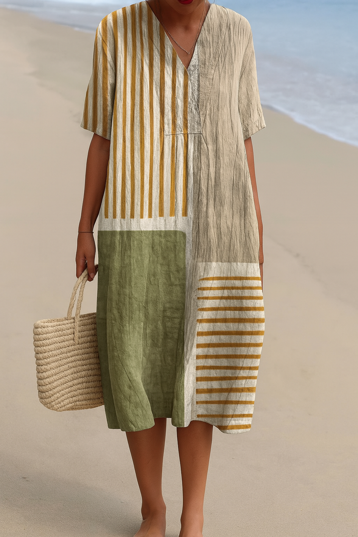 Patchwork striped dress with V-neck and short sleeves, olive and tan panels