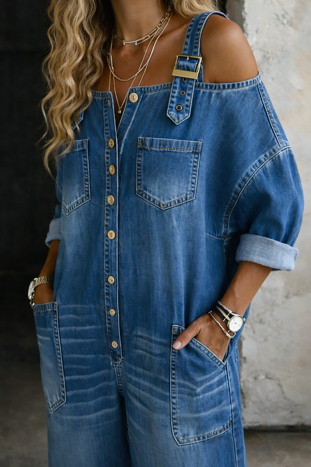 Blue denim off-shoulder jumpsuit with square neckline, strap detail, chest patch pockets.