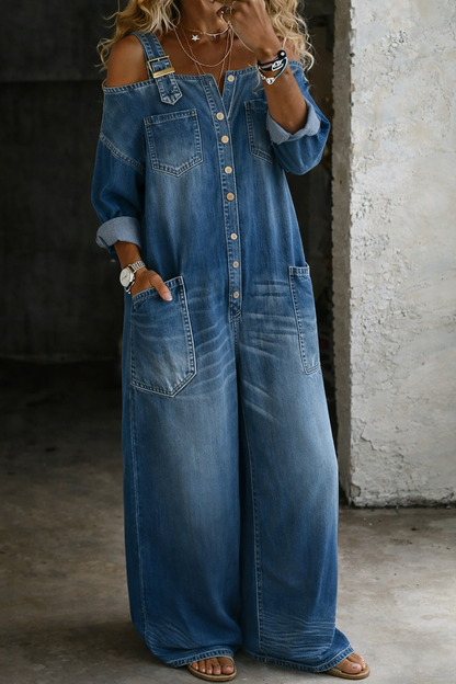 Blue off-shoulder denim jumpsuit with chest and waist patch pockets, button front, wide-leg.