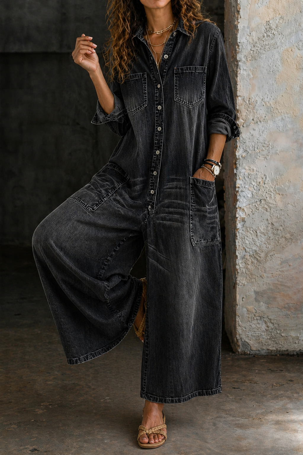 Black denim jumpsuit with button-front, chest pockets, and oversized wide-leg silhouette