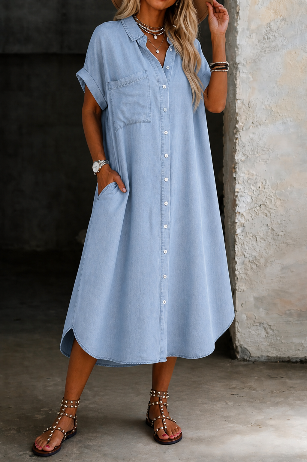 Light blue denim shirt dress, relaxed fit, long button placket, short sleeves