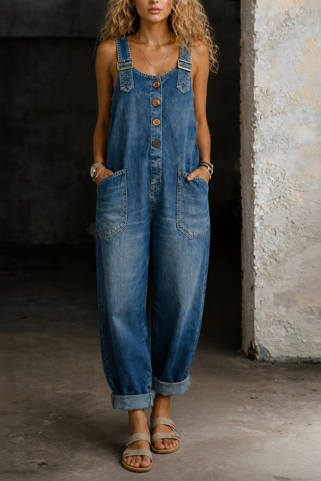 Sky-blue denim overall jumpsuit with button front and two chest pockets, wide leg