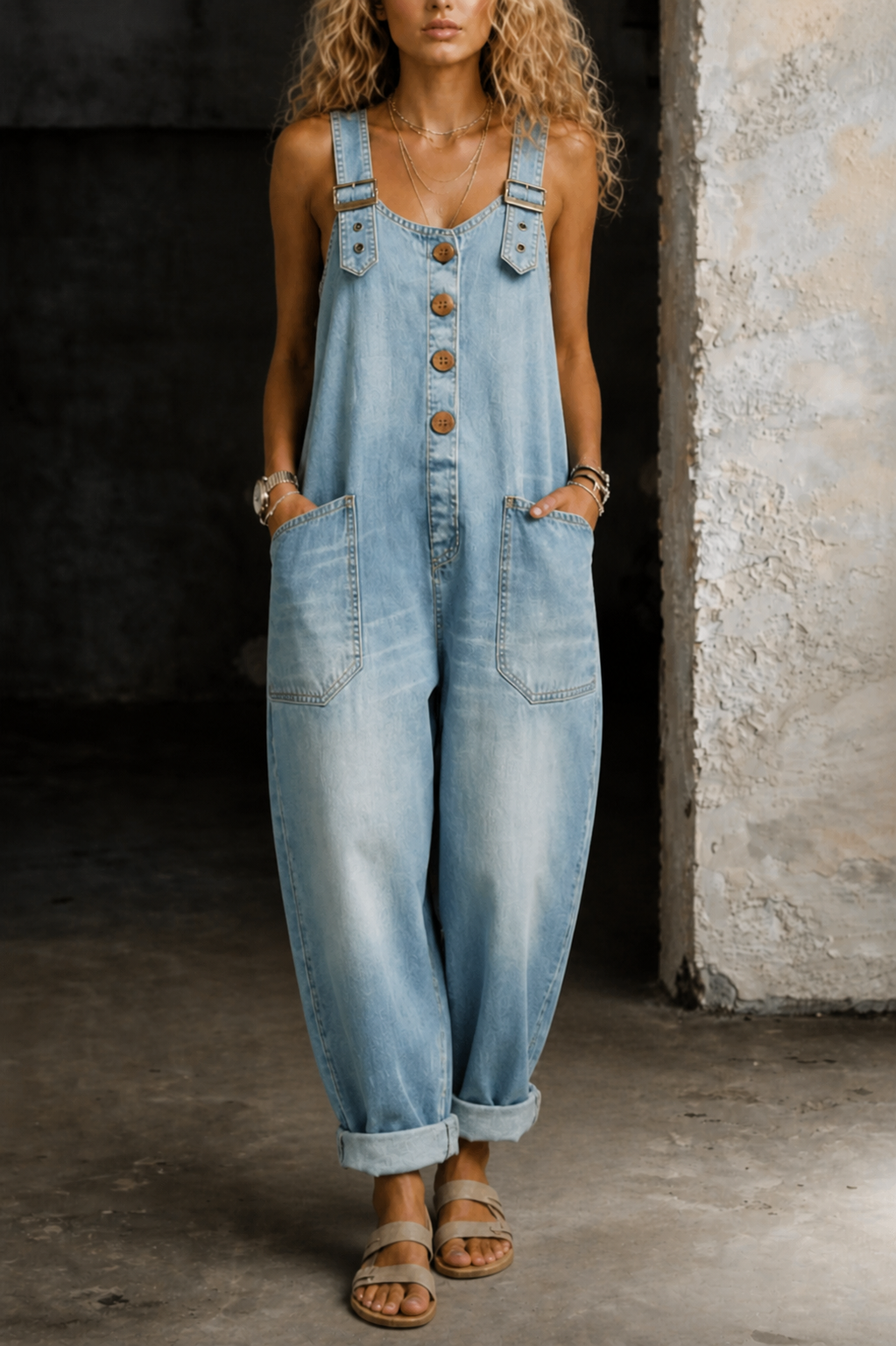 Light blue denim overall jumpsuit with button front and side patch pockets