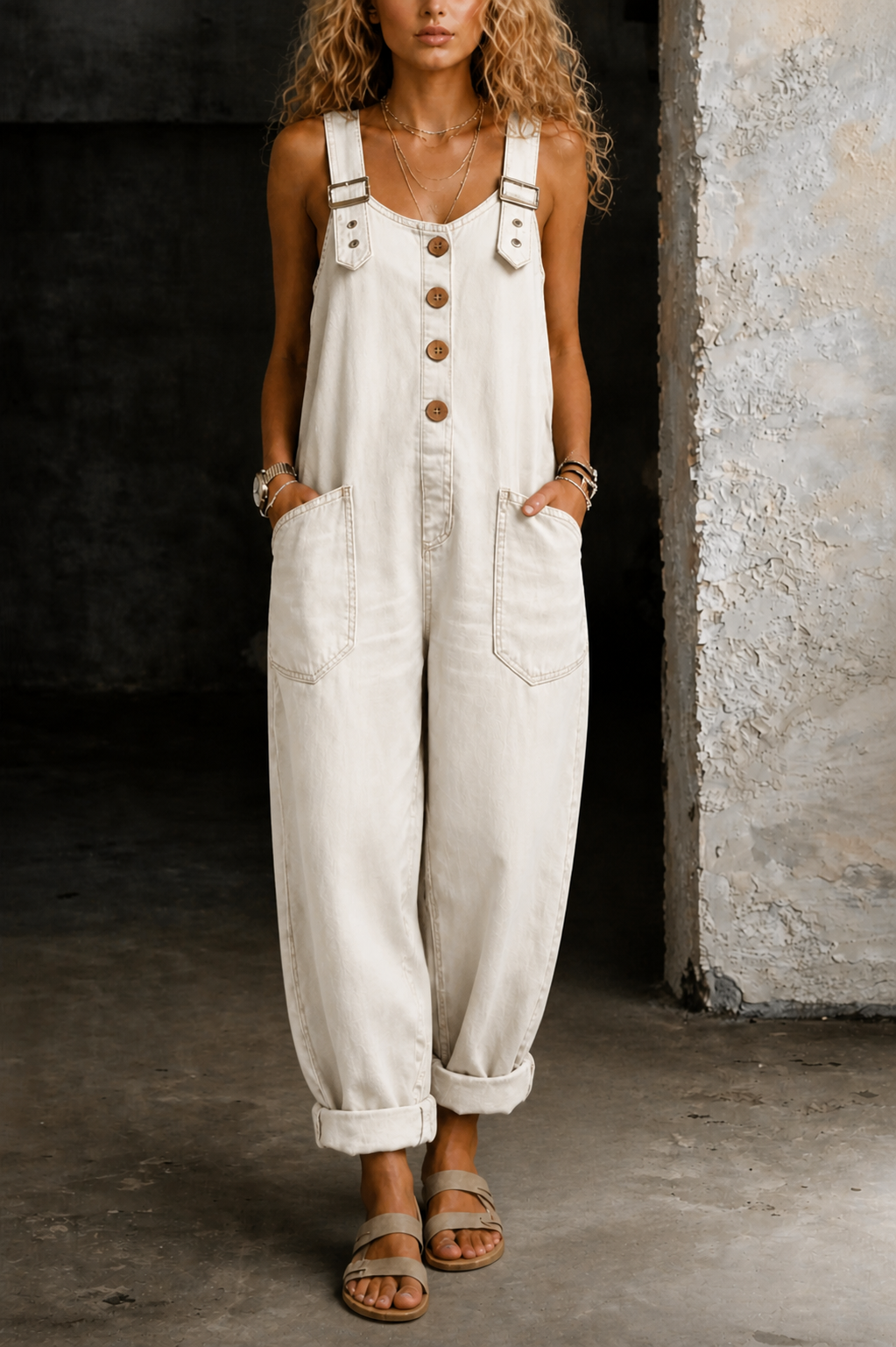 Cream denim overall jumpsuit with button front and two chest patch pockets