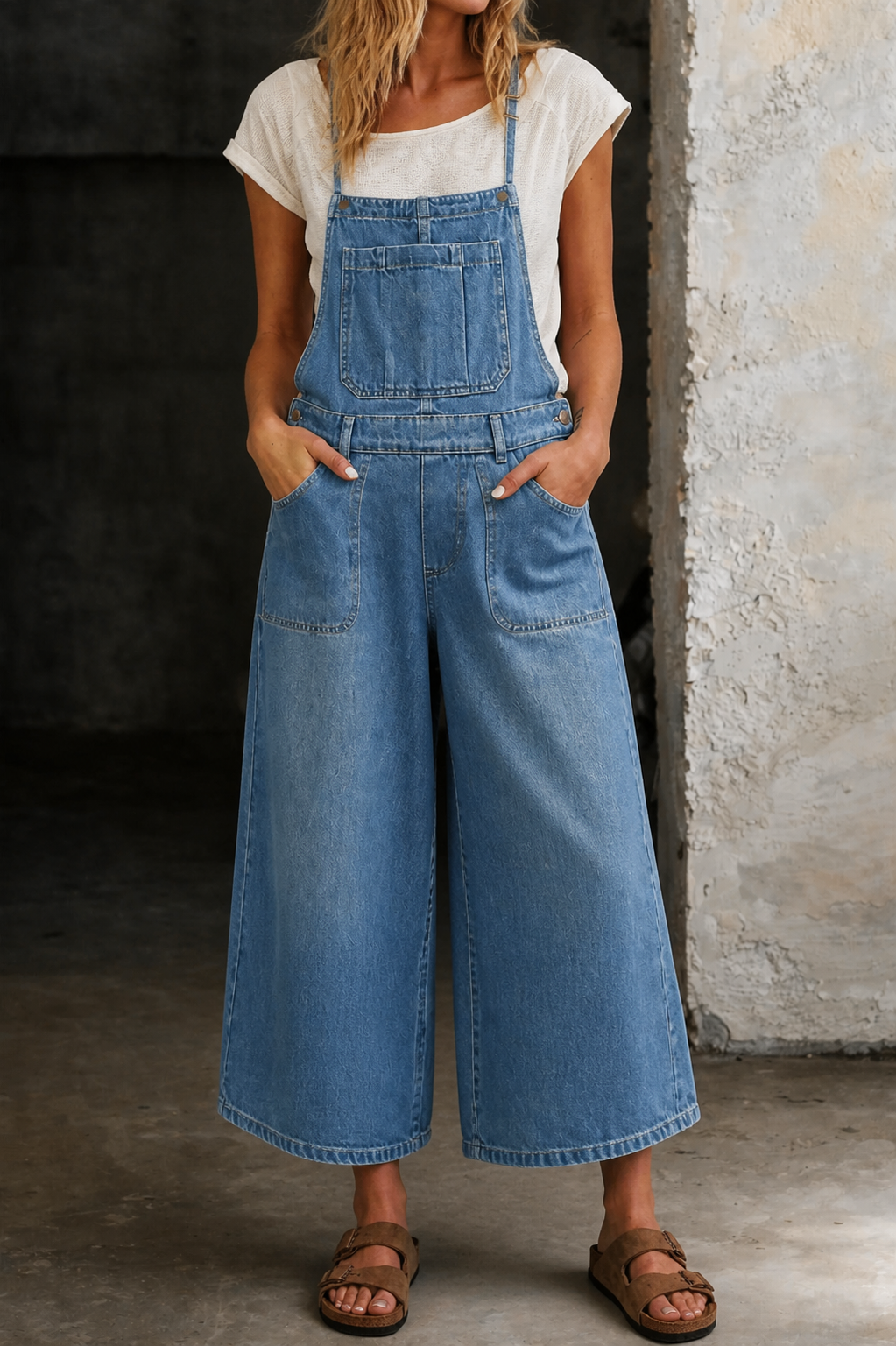Blue wide-leg suspender jumpsuit with front utility pockets and roomy straight legs